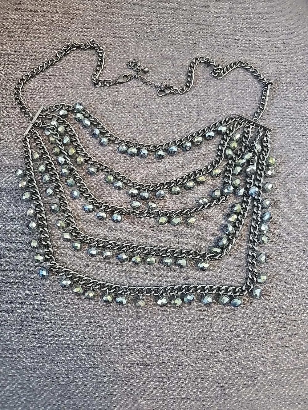 Long Multi Strand Gunmetal Beaded Bib Necklace Cascading Statement Jewelry